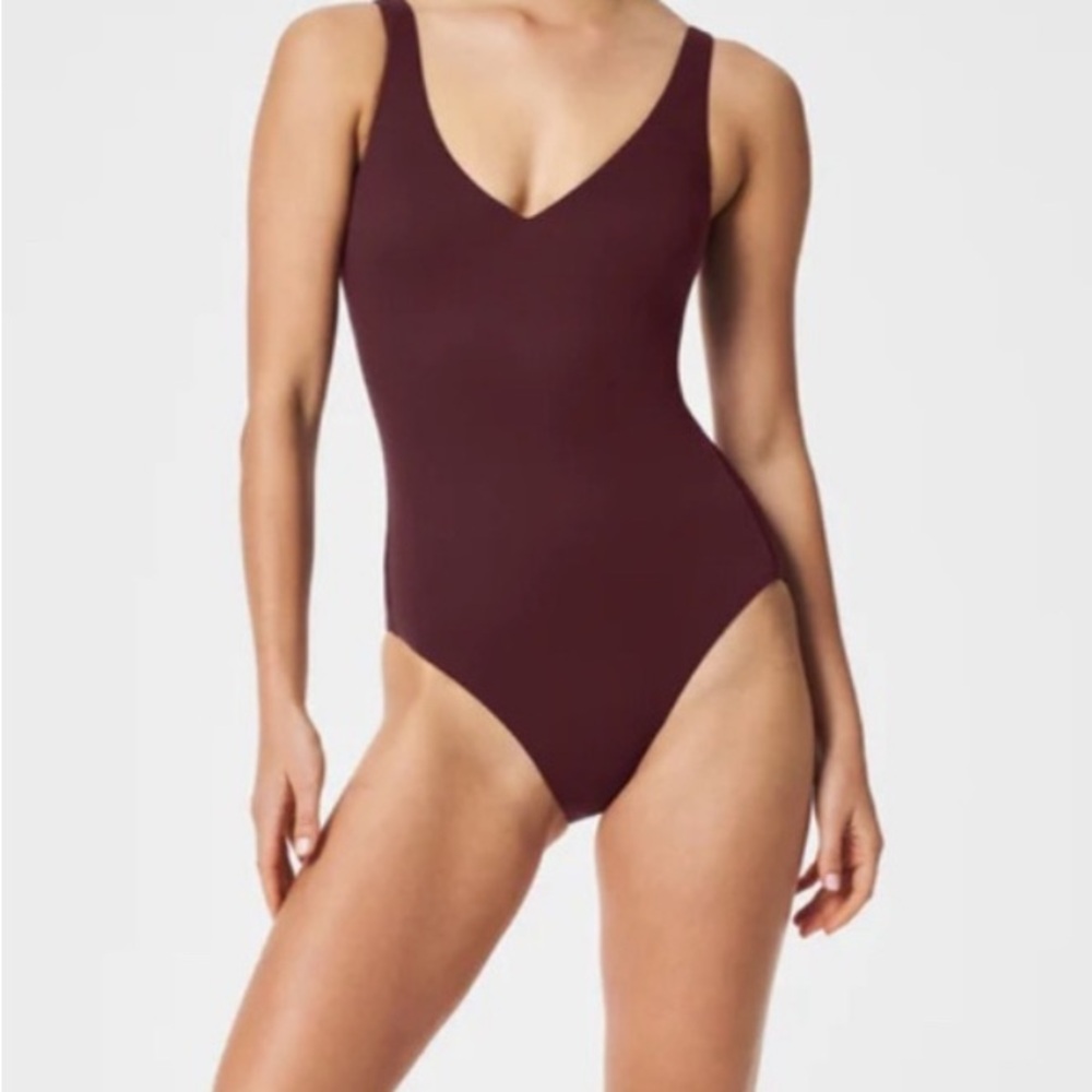 SpanxShape Swim Pique Plunge Suit MED Mulberry